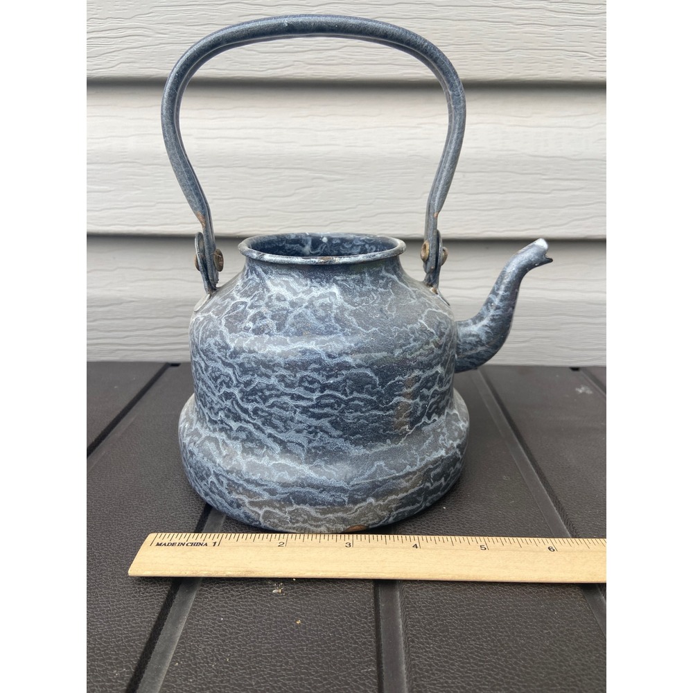 Vintage Blue Mottled Graniteware Teapot Enamelware Kettle Farmhouse Decor 7.5in